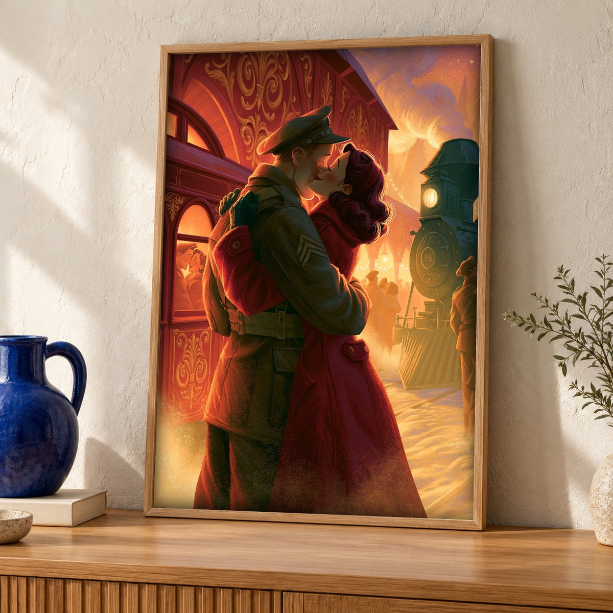 Vintage War Poster, WWII Soldier Farewell Art, Military Gift — oak frame room mockup