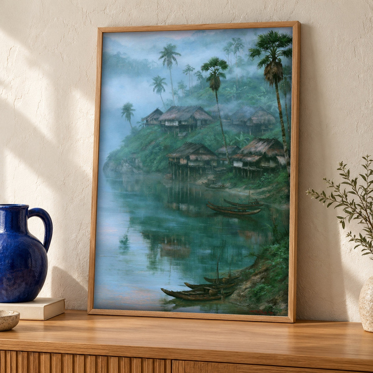 Historical Painting, Southeast Asian Village, Cultural Decor — oak frame room mockup