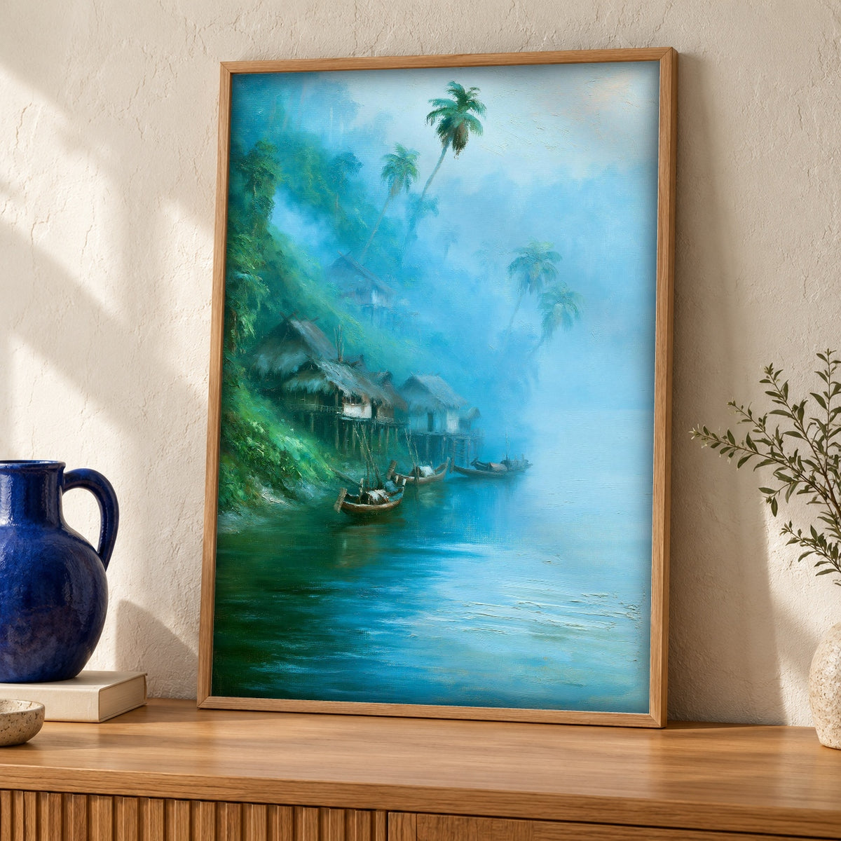 Asian River Art, Tropical Stilt Village Colonial Burma Print — oak frame room mockup
