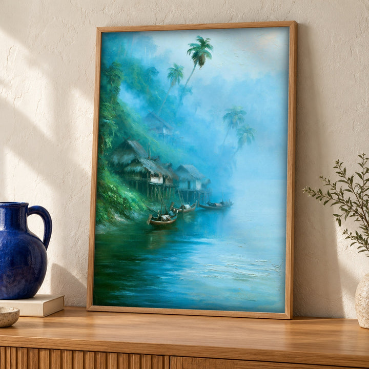 Asian River Art, Tropical Stilt Village Colonial Burma Print