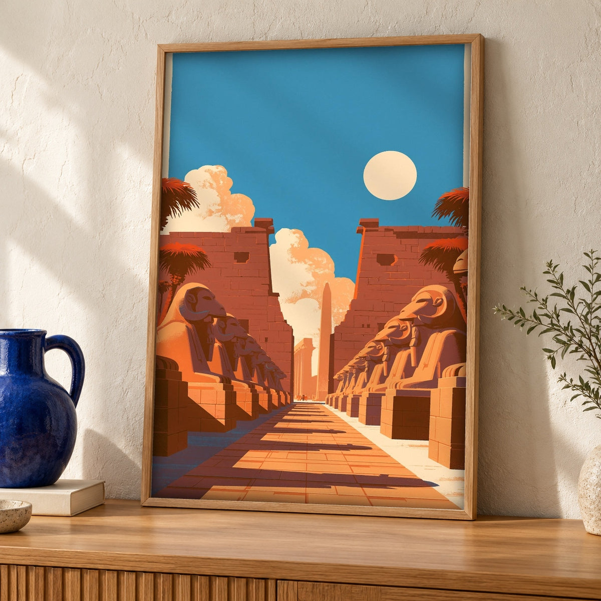 Ancient Egypt Art, Avenue of Sphinxes Print, Luxor Temple — oak frame room mockup