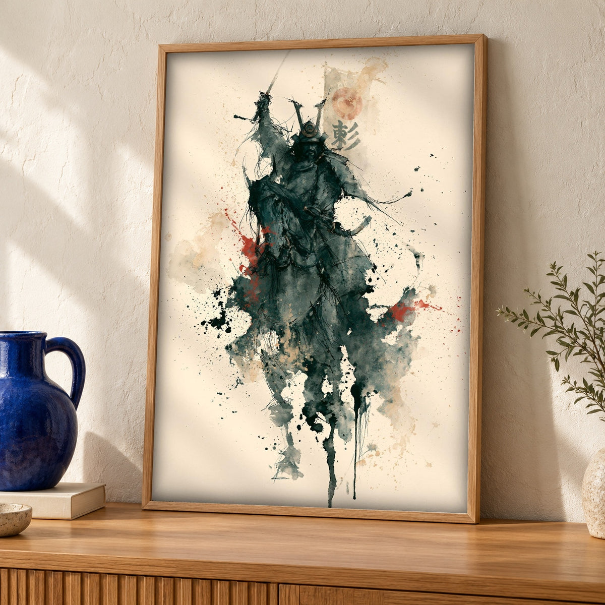 Samurai Wall Art, Japanese Warrior Print, Ink Splash Decor — oak frame room mockup