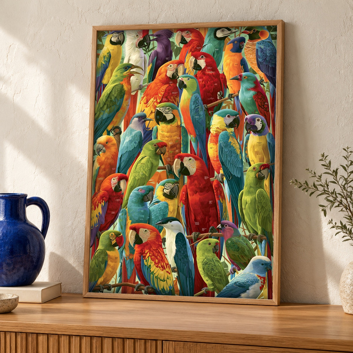 Wildlife Wall Art, Tropical Parrot Species Print — oak frame room mockup
