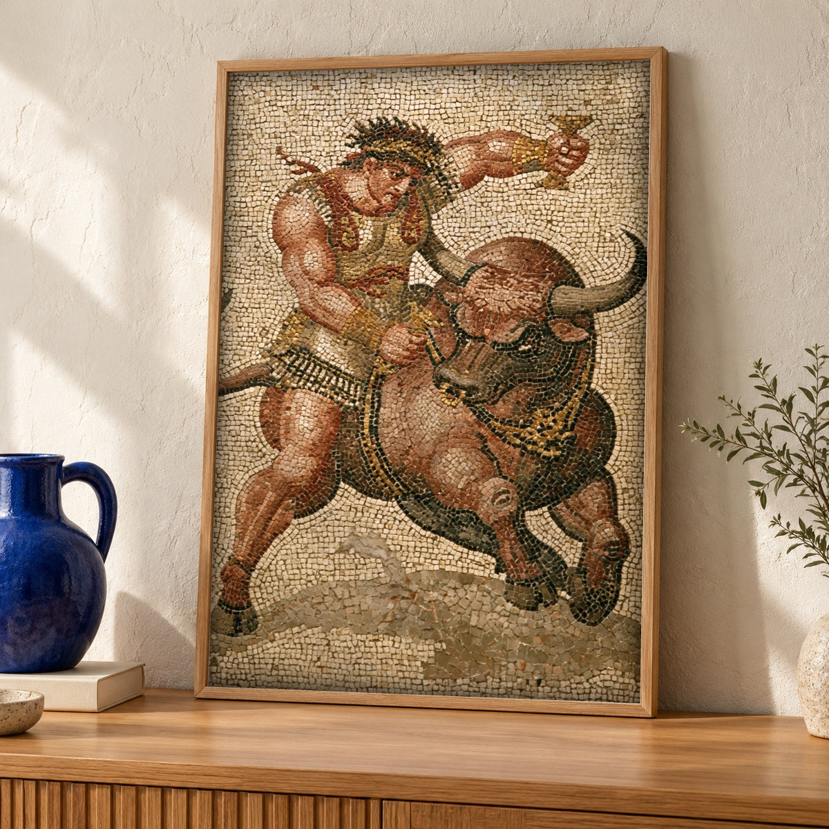 Pompeii Art, Hercules Cretan Bull Mosaic, Man Cave — oak frame room mockup
