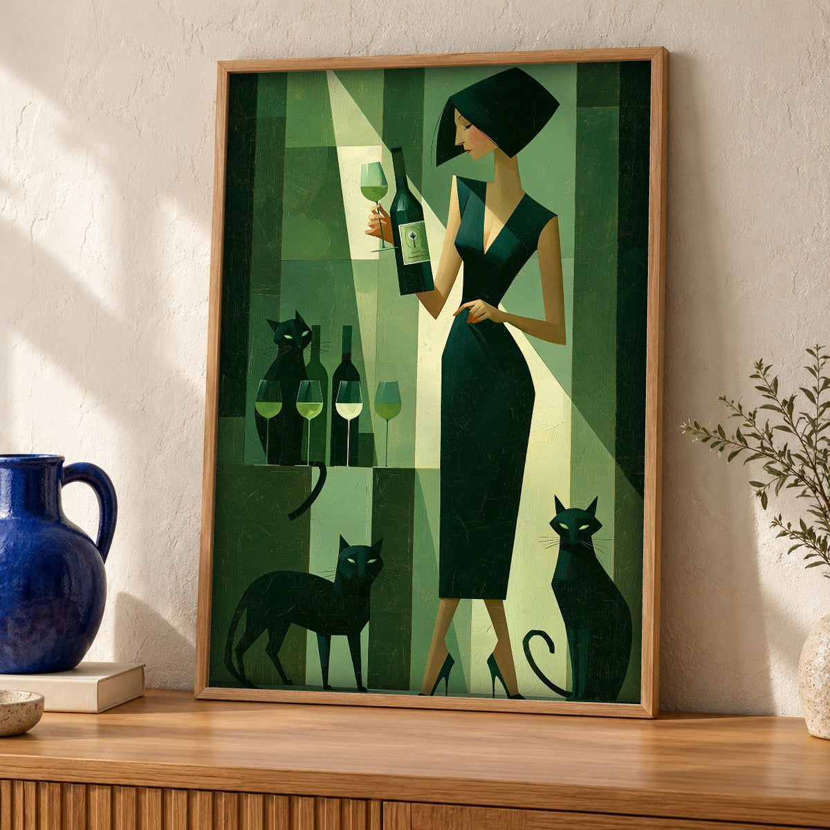 Black Cat Wall Art, Art Deco Lady Wine Print — oak frame room mockup