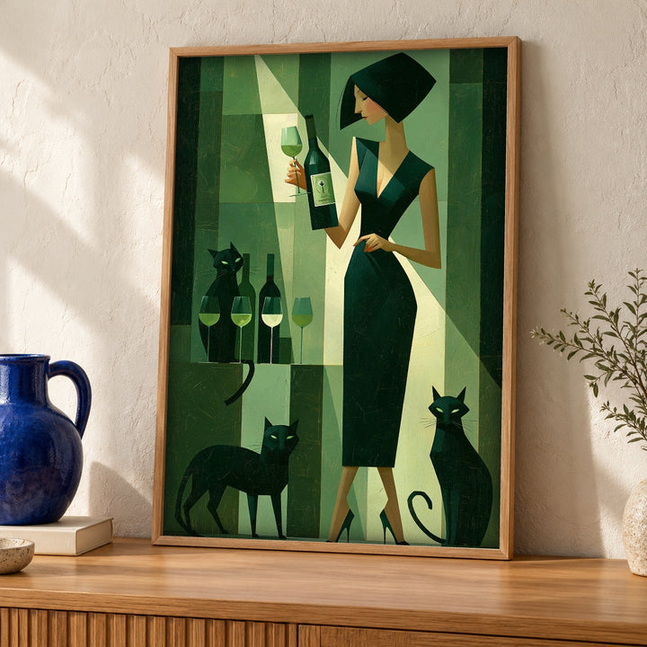 Black Cat Wall Art, Art Deco Lady Wine Print