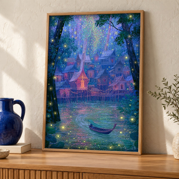 Enchanted Forest Art, Ancient Thai Village Firefly River Print