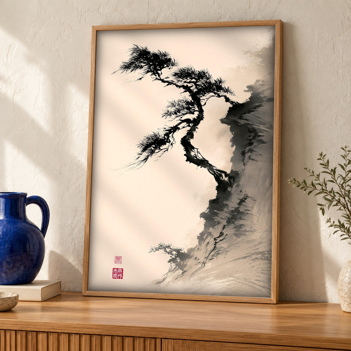 China Poster, Pine Cliff Ink Painting, Masculine Wall Art — oak frame room mockup