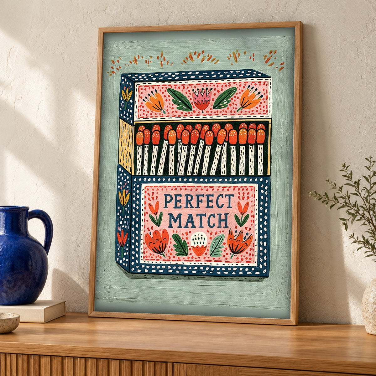 Folk Art Print, Perfect Match Matchbox, Floral Illustration — oak frame room mockup