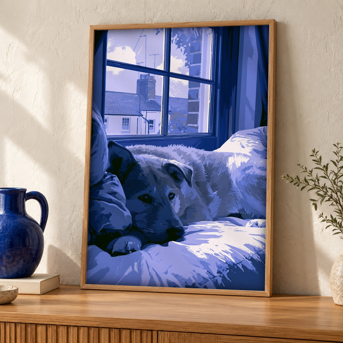 London Wall Art, Sleeping Dog Illustration, Urban Street Scene — oak frame room mockup