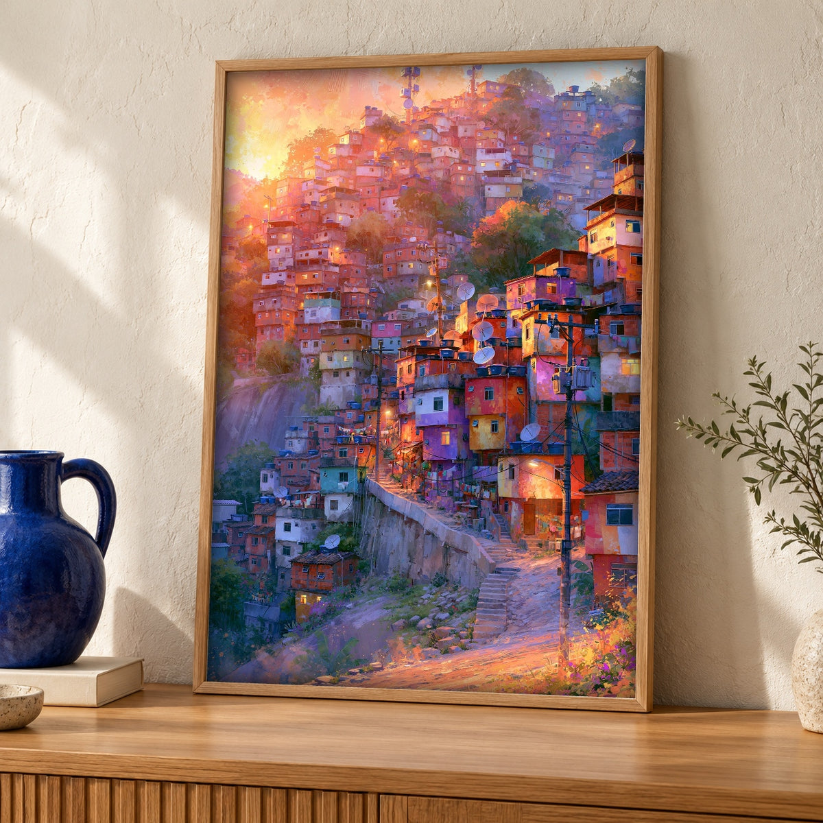 Favela City Art, Rio De Janeiro Hillside Print, Vibrant Cultural Decor — oak frame room mockup