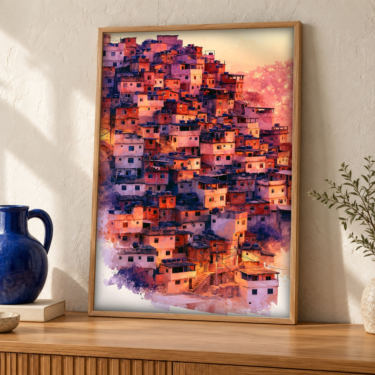 Urban Wall Art, Rio Favela Hillside, Vibrant Brazilian Print — oak frame room mockup