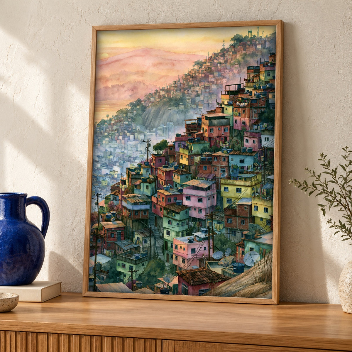 Favela Wall Art, Rio de Janeiro Hillside Print — oak frame room mockup
