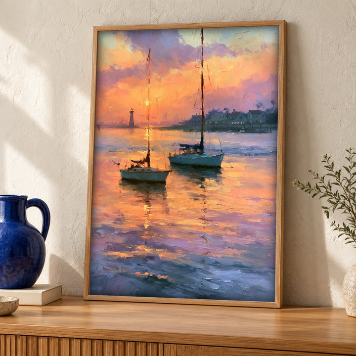 Nautical Wall Art, Sailboats Lighthouse Sunset, Coastal Harbour Painting