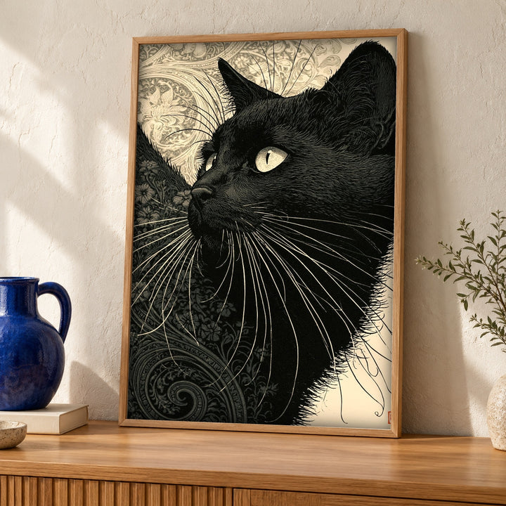 Black Cat Wall Art, Woodblock Print, Gothic Home Decor