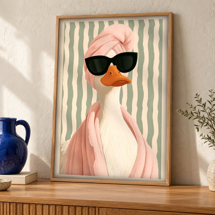 Funny Duck Poster, Spa Robe Sunglasses Glam Bird Print