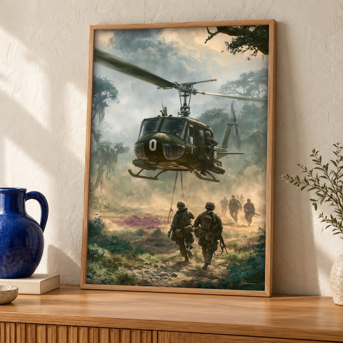 Vietnam War Wall Art, UH-1 Huey Helicopter Print — oak frame room mockup