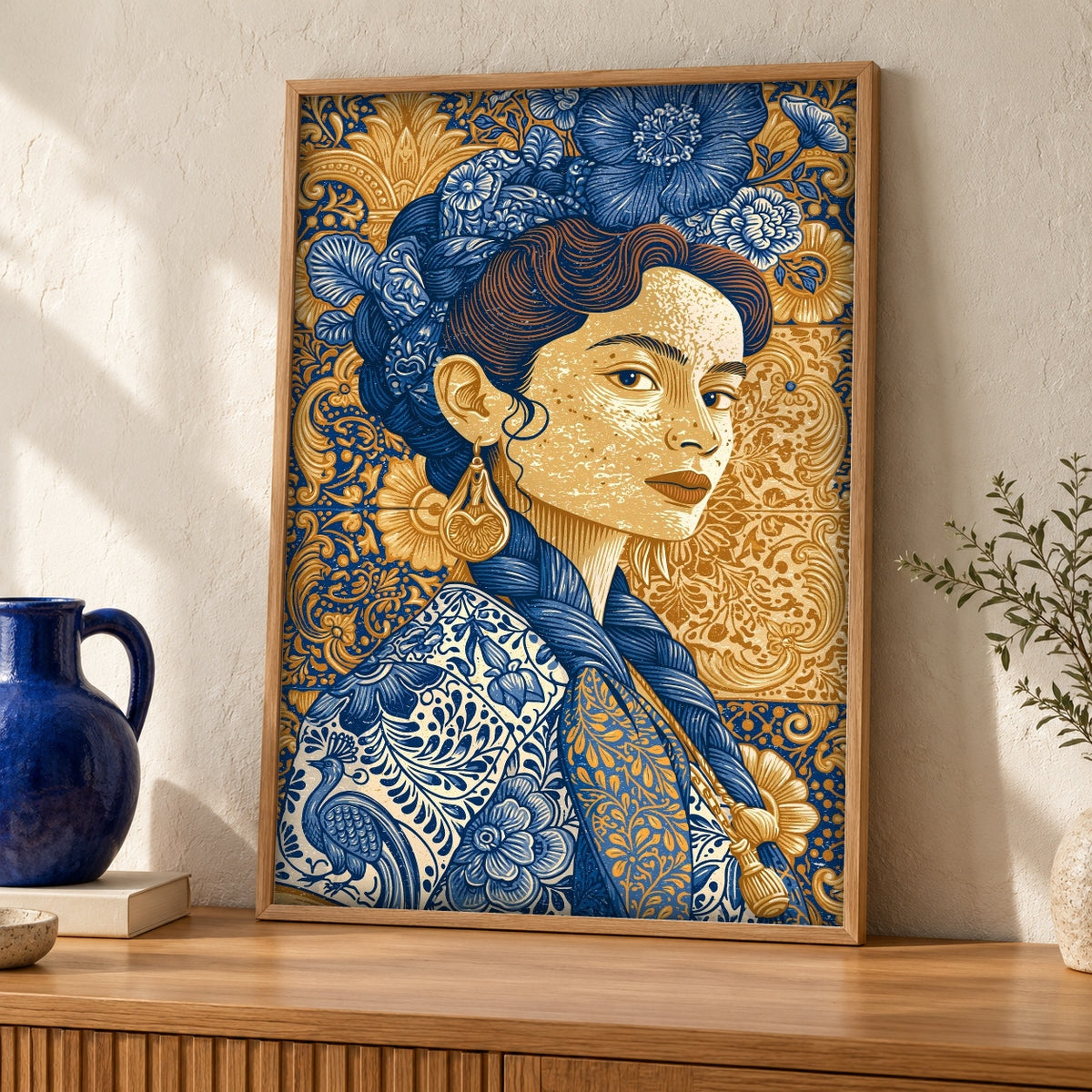 Mexican Folk Art, Colonial Mexico Portrait, Talavera Decor — oak frame room mockup