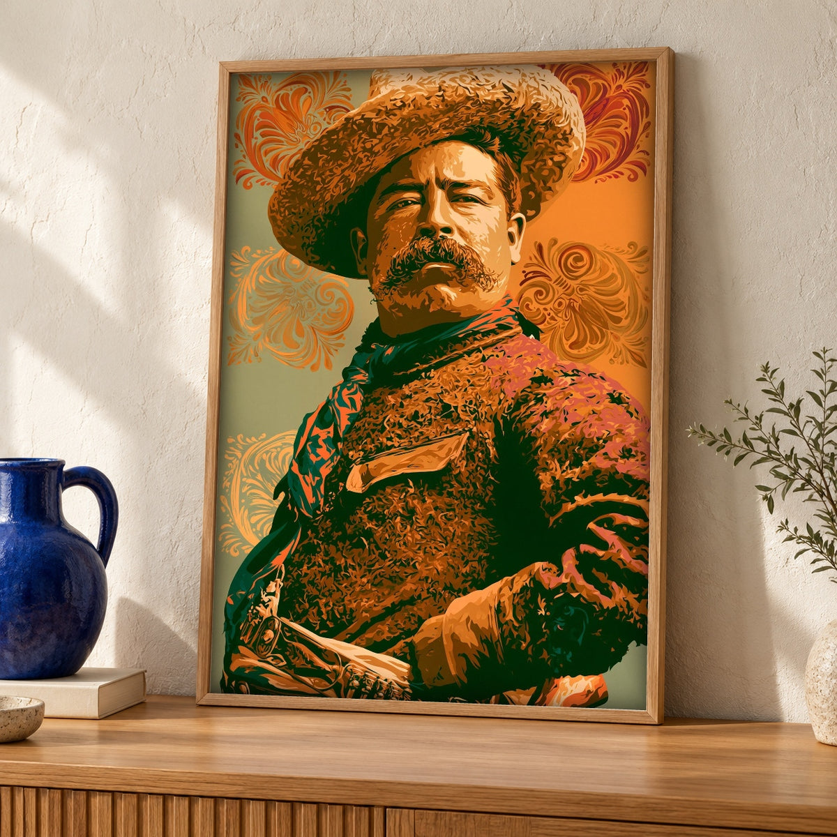 Mexican Folk Art, Pancho Villa Revolution Print, Man Cave — oak frame room mockup