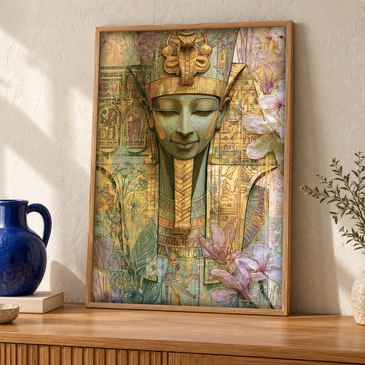 Ancient Egypt Art, Pharaoh Queen Bust Print, Golden Hieroglyphic Decor