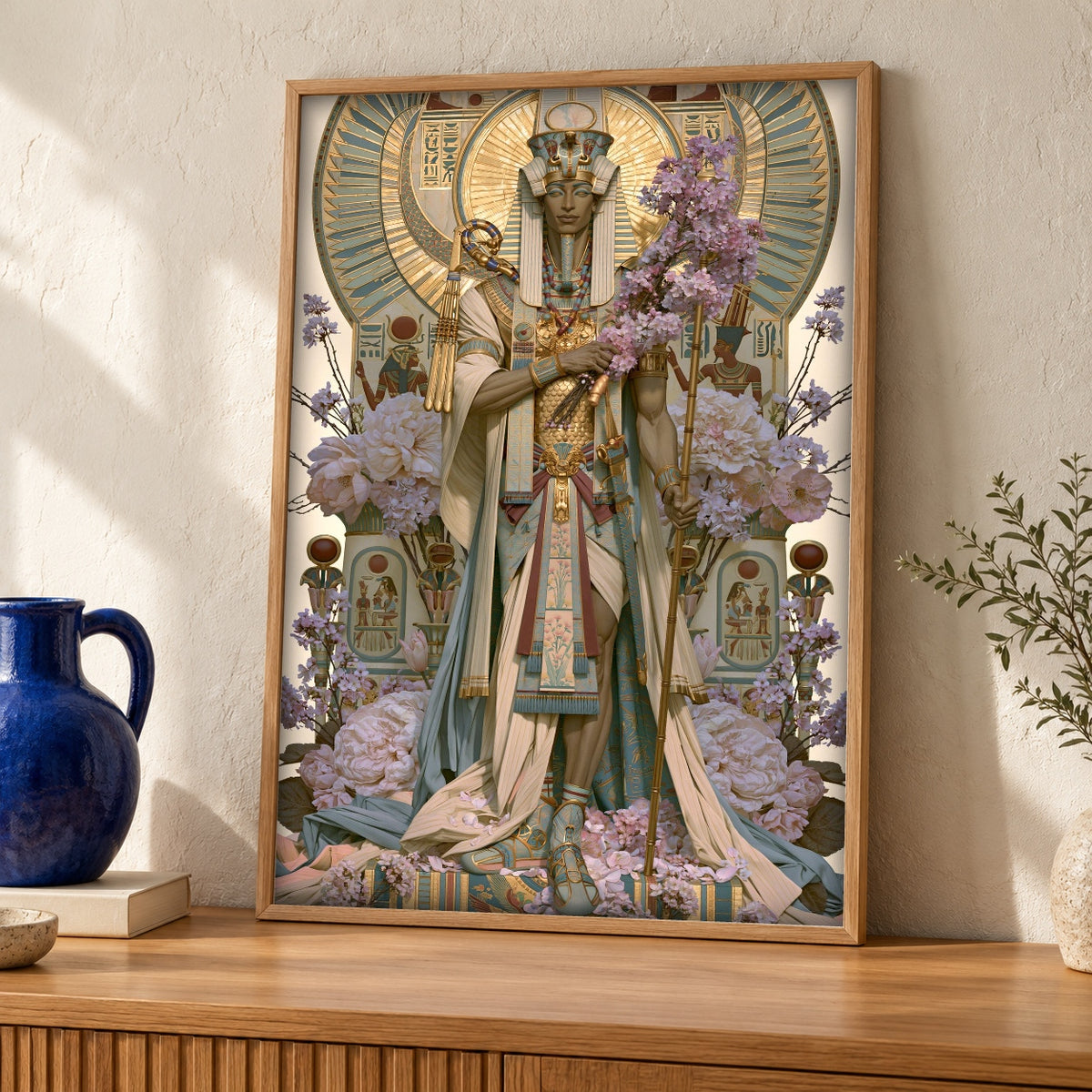 Ancient Egypt Art, Pharaoh God King Print, Egyptian Empire — oak frame room mockup