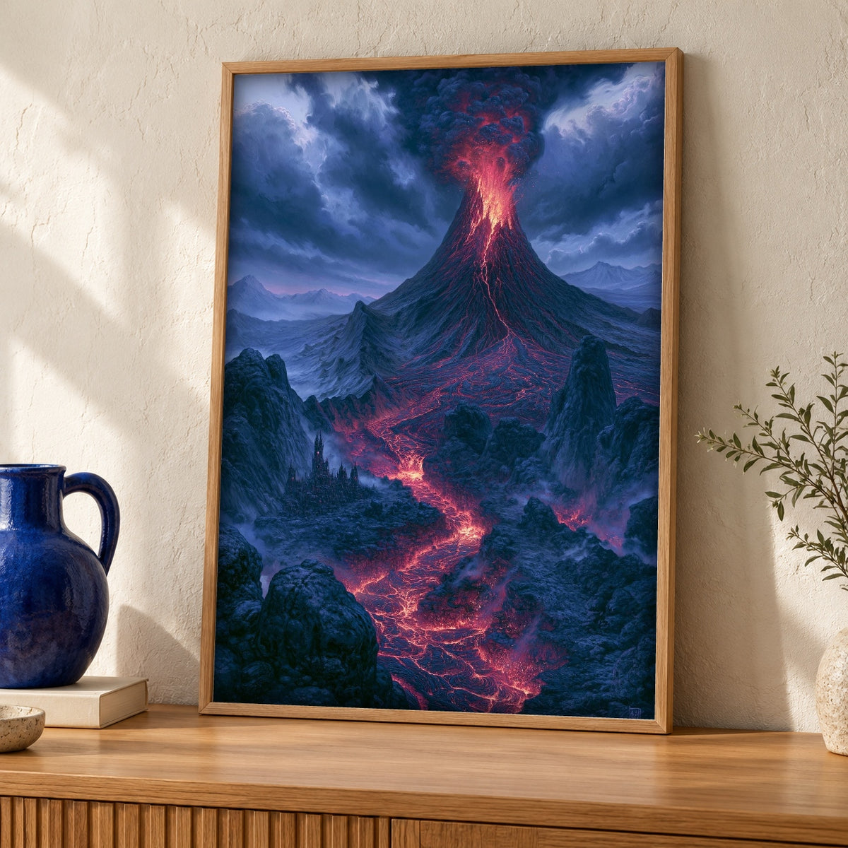 Volcano Wall Art, Ancient Eruption Lava Flow Print, Dark Fantasy — oak frame room mockup