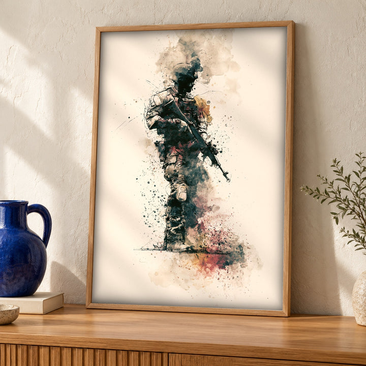 Warrior Poster, Combat Soldier Watercolor Art, Man Cave Decor