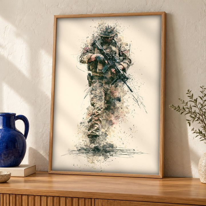 Warrior Poster, Soldier Watercolor Art, Military Decor