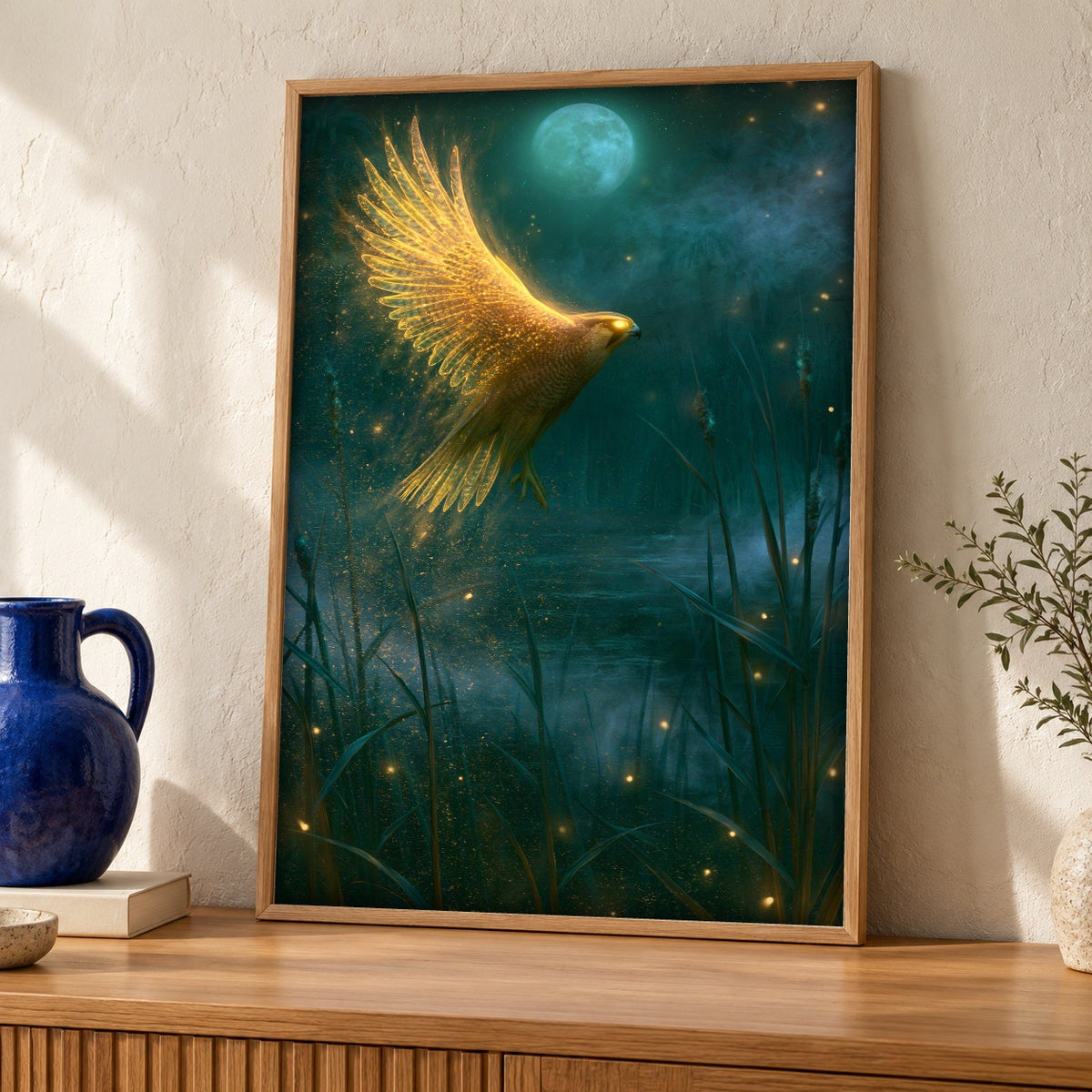 Enchanted Forest Art, Mystical Golden Bird, Moon Night Fantasy — oak frame room mockup