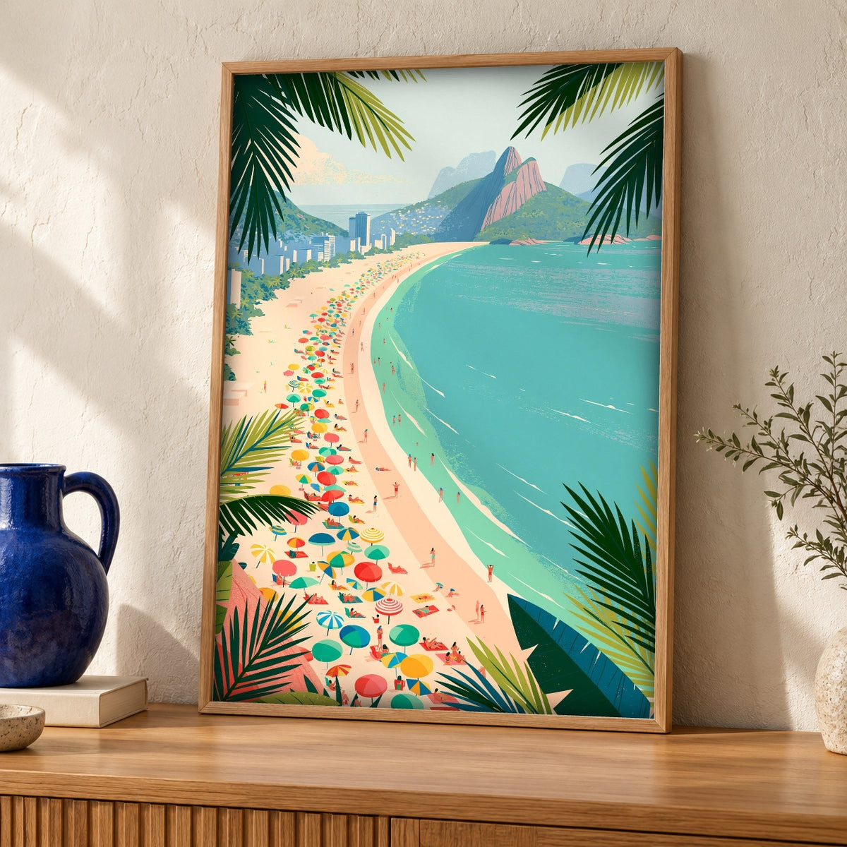 Retro Travel Poster, Rio de Janeiro Beach, Coastal Decor — oak frame room mockup