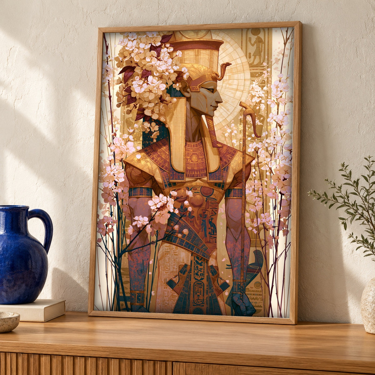 Ancient Egypt Art, Osiris God Illustration, Mythology Wall Decor — oak frame room mockup