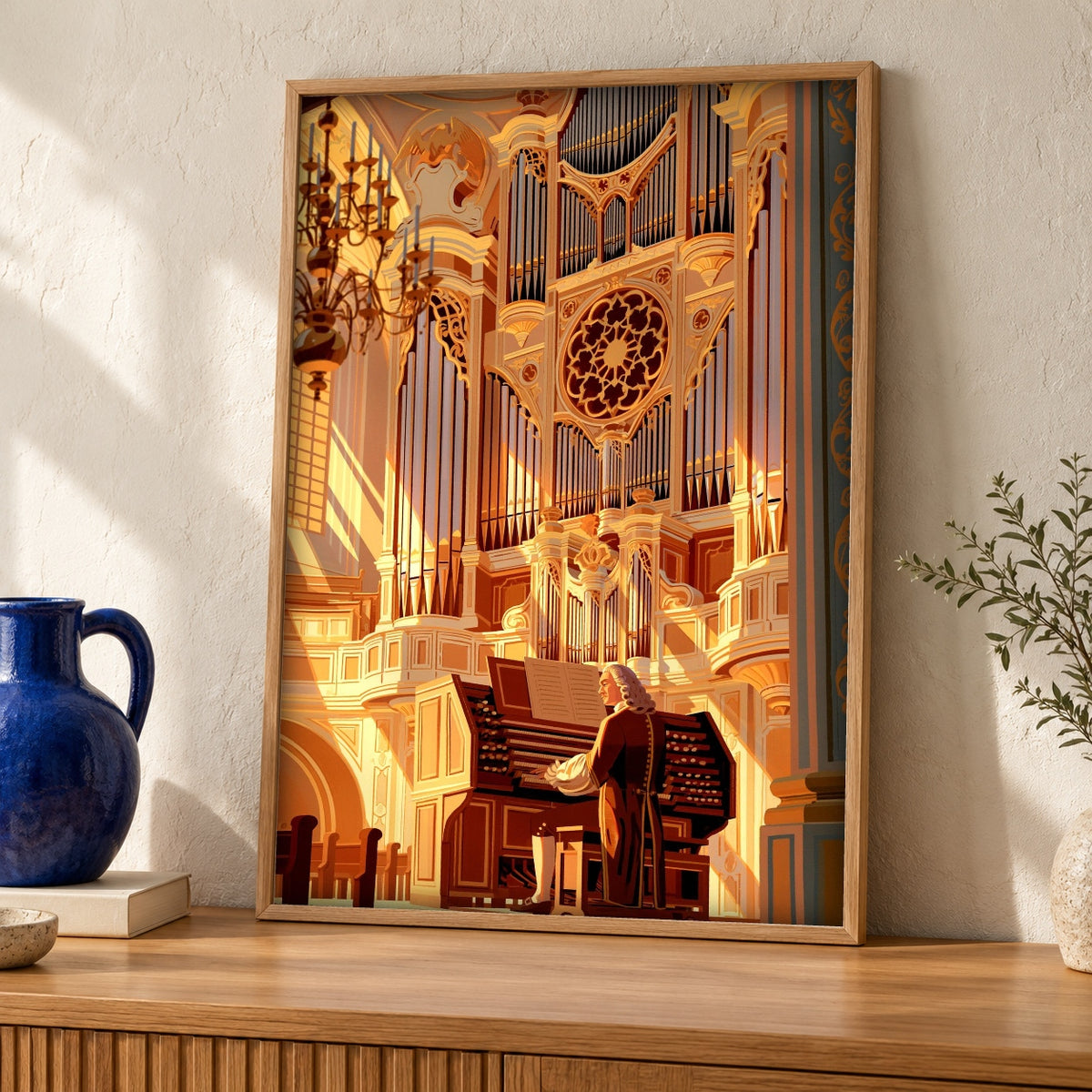 Baroque Organ Art, Bach Church Music Print — oak frame room mockup