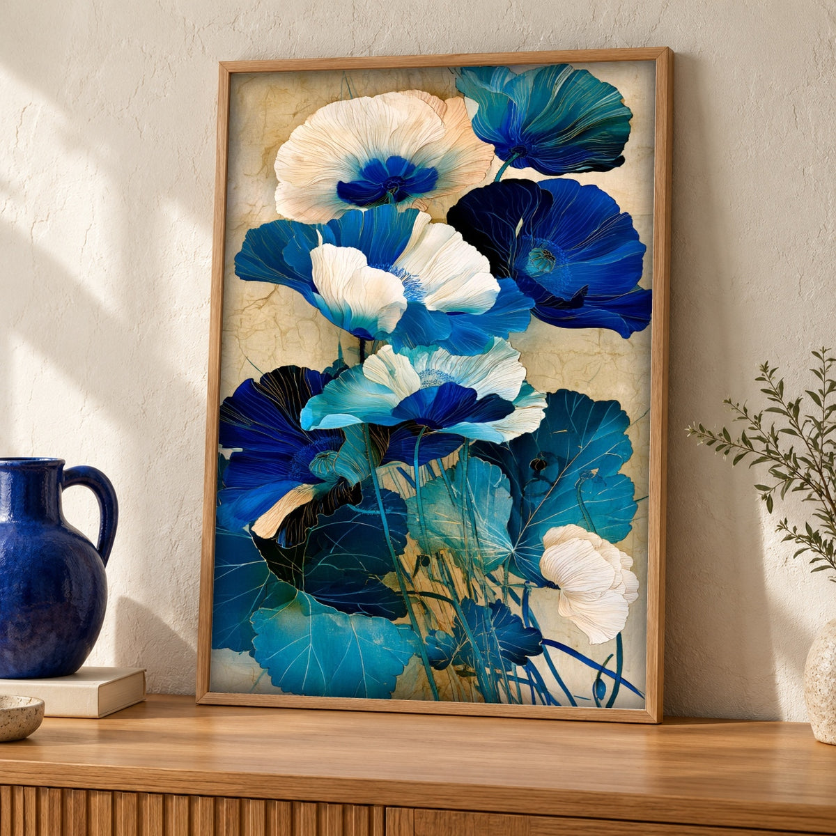 Botanical Art, Blue Poppy Floral Print, Vibrant Garden Decor — oak frame room mockup