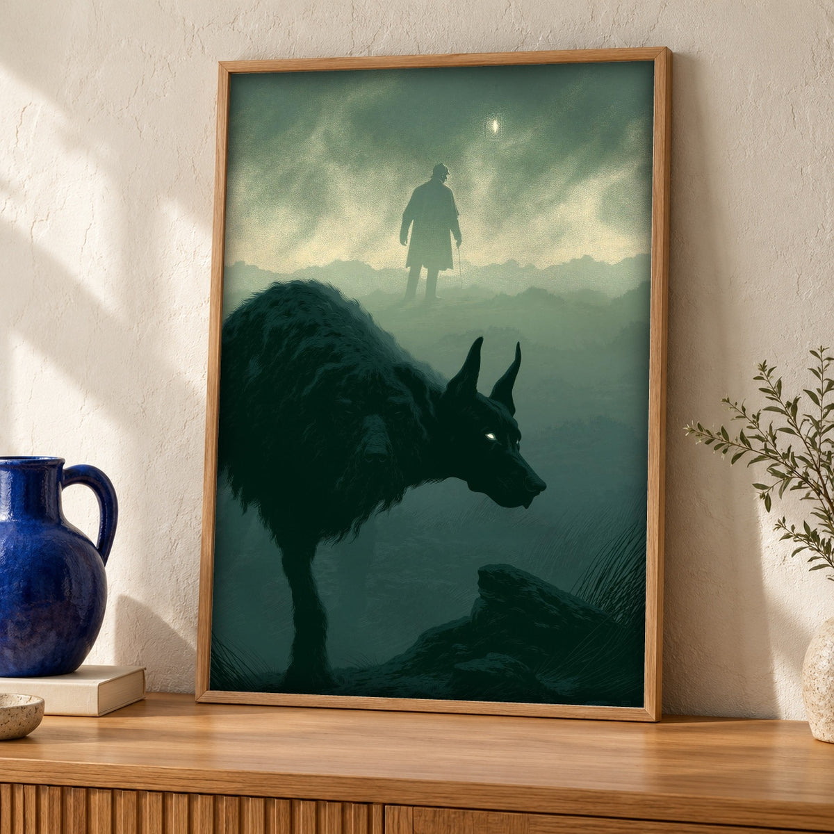 gothic home decor, Phantom Hound Moors, Dark Academia Art — oak frame room mockup