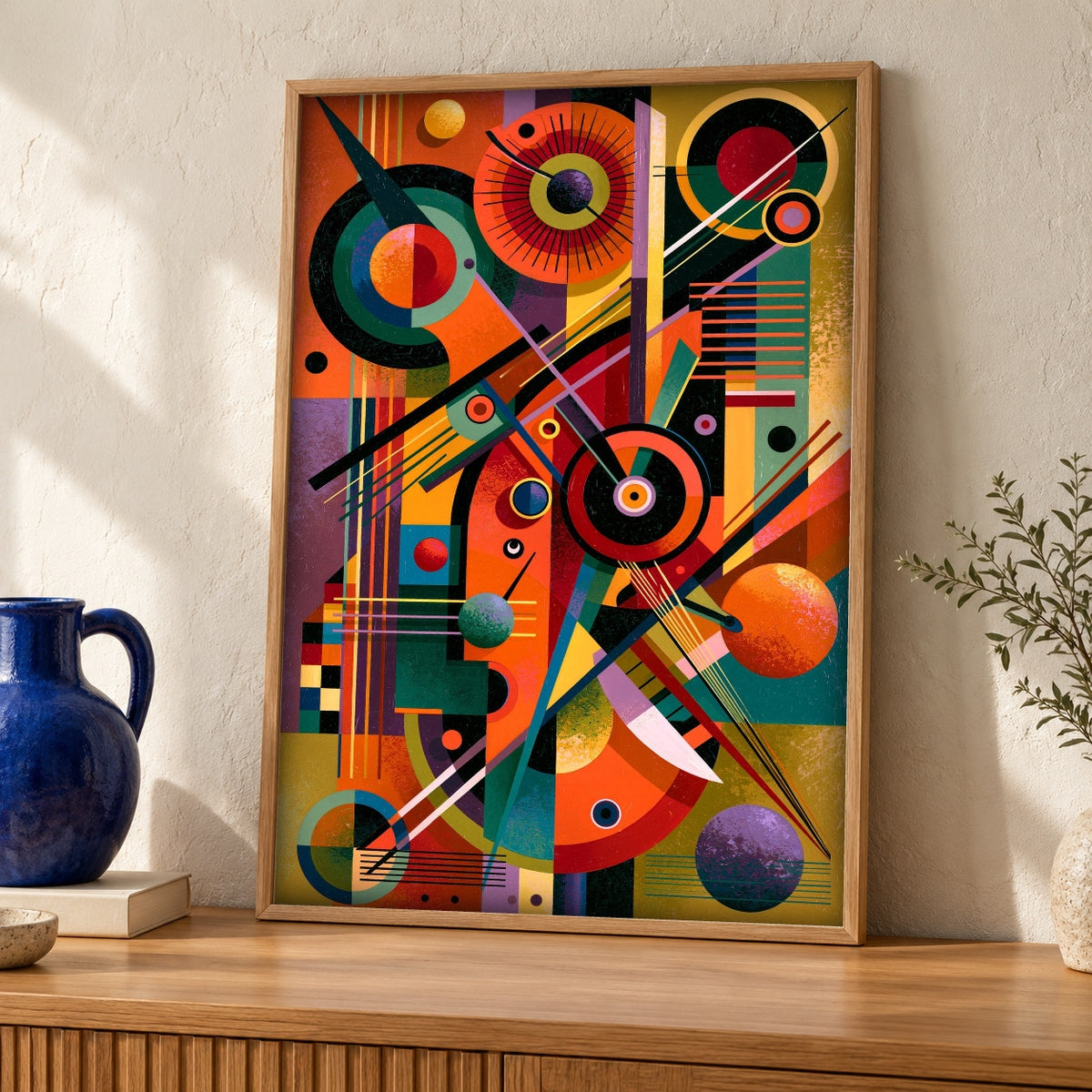 Abstract Wall Art, Bauhaus Geometric Print, Vintage Kandinsky Style — oak frame room mockup
