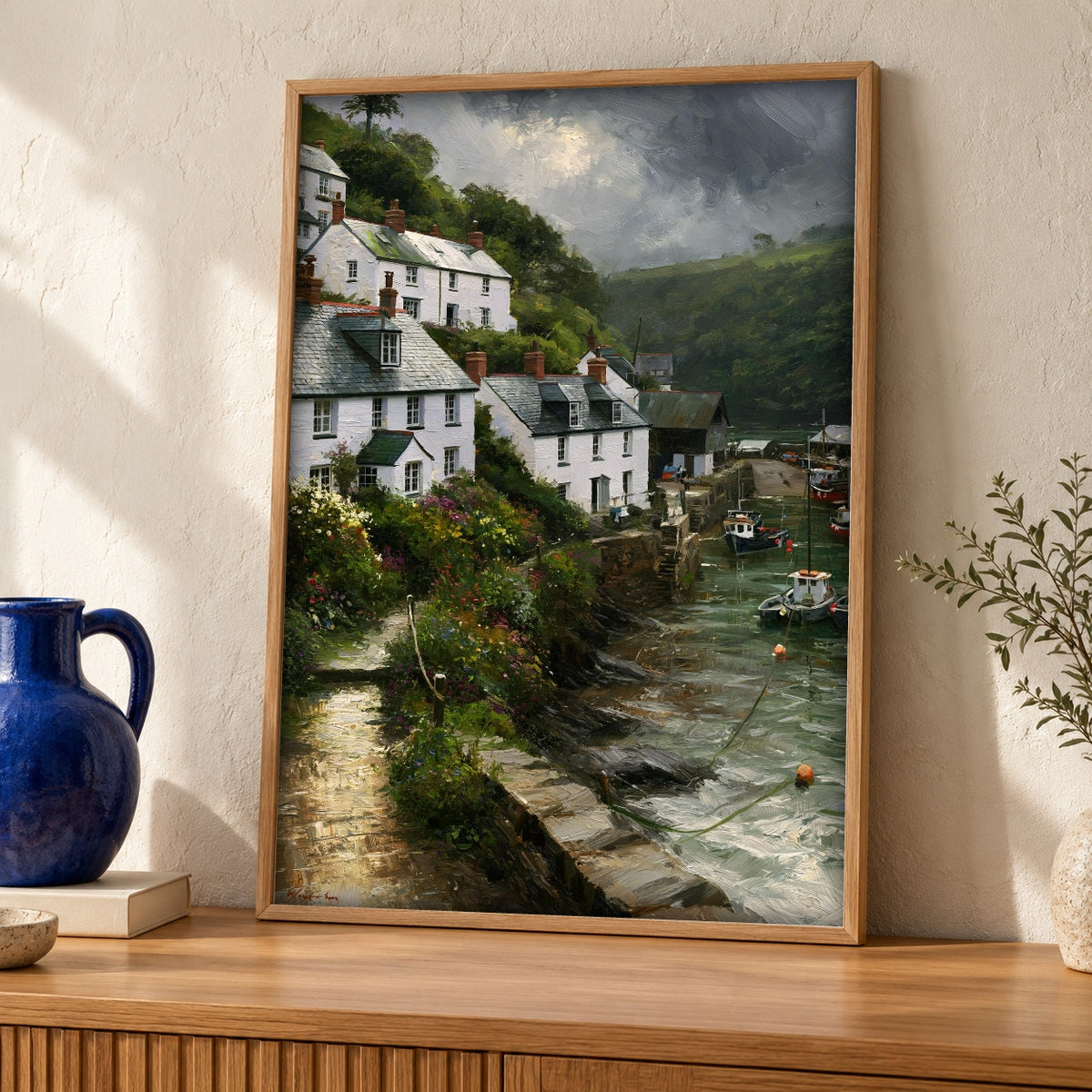 Coastal Wall Decor, Cornish Harbour Village Print, Oil Painting — oak frame room mockup