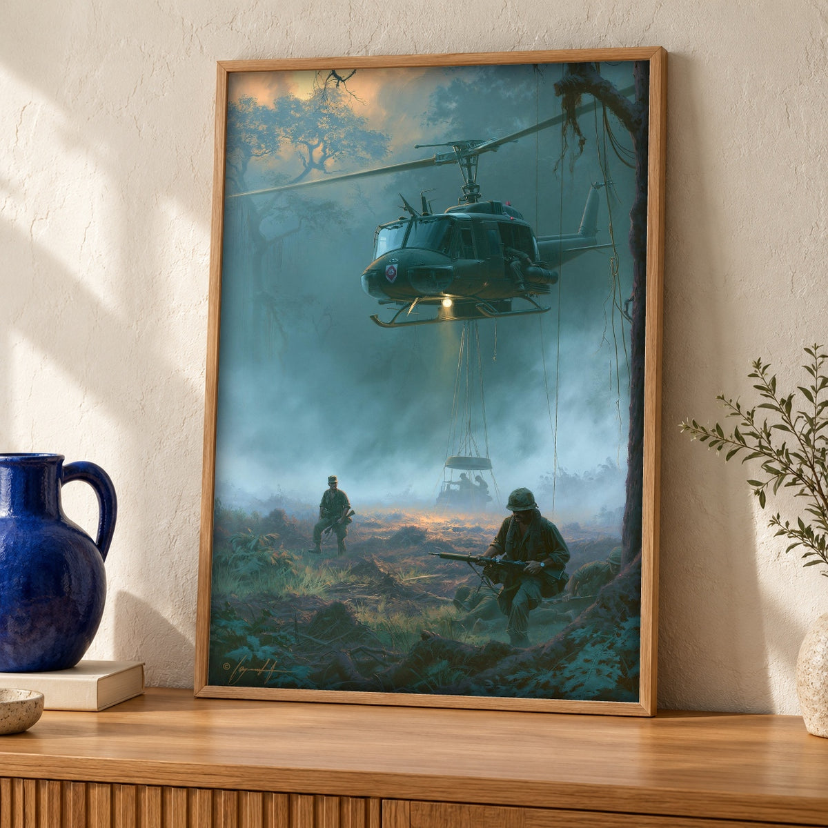 Vietnam War Art, Military Helicopter Print, Man Cave Decor — oak frame room mockup