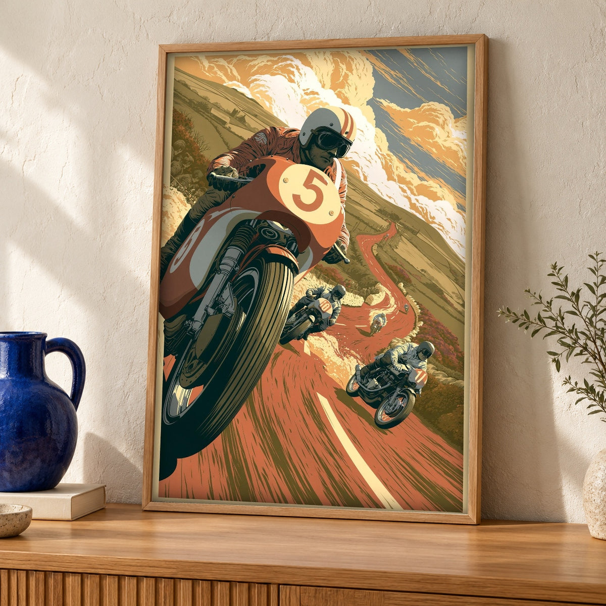 Vintage Moto Racing Wall Art, Classic Road Race Print — oak frame room mockup