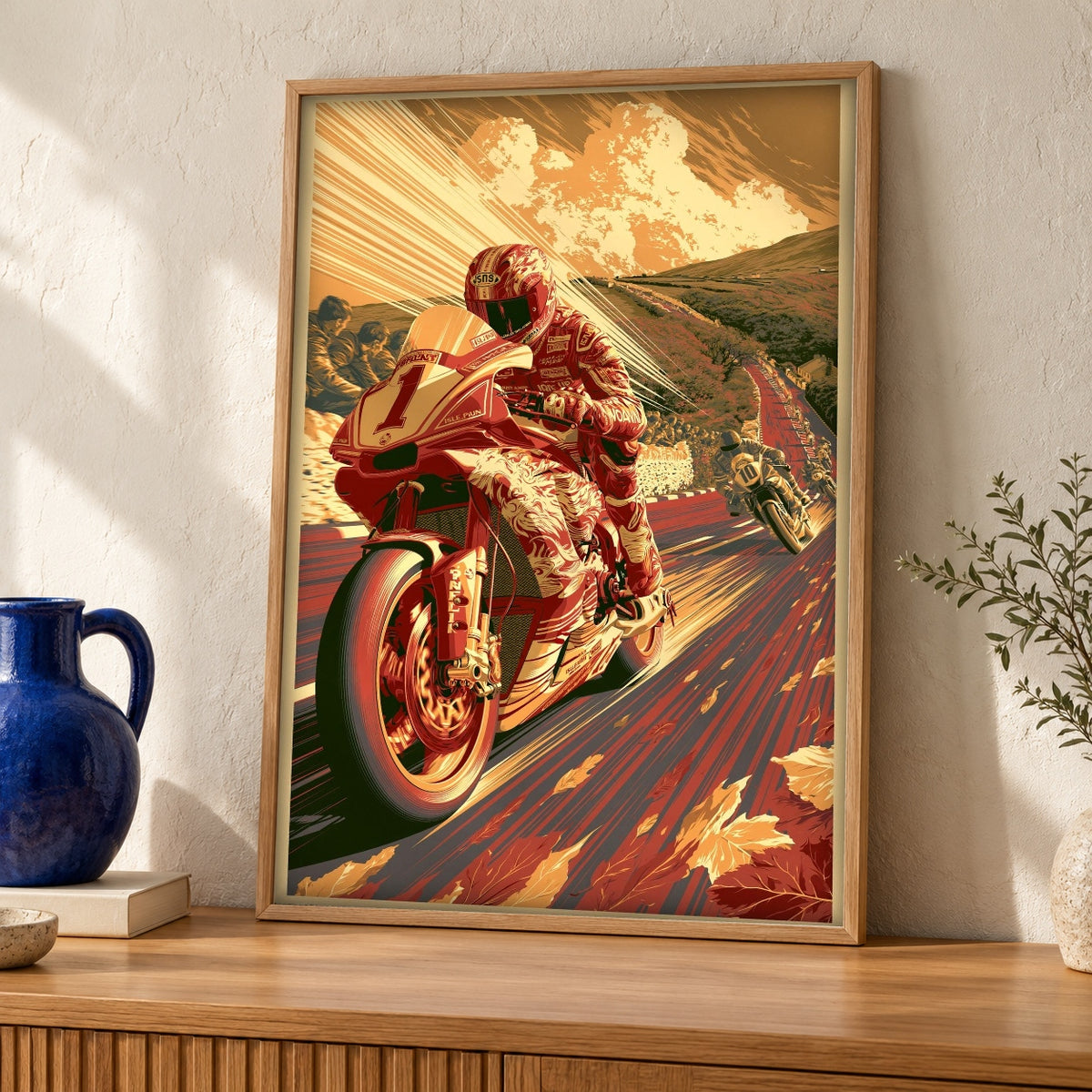 Isle of Man TT Art, Retro Racing Poster — oak frame room mockup