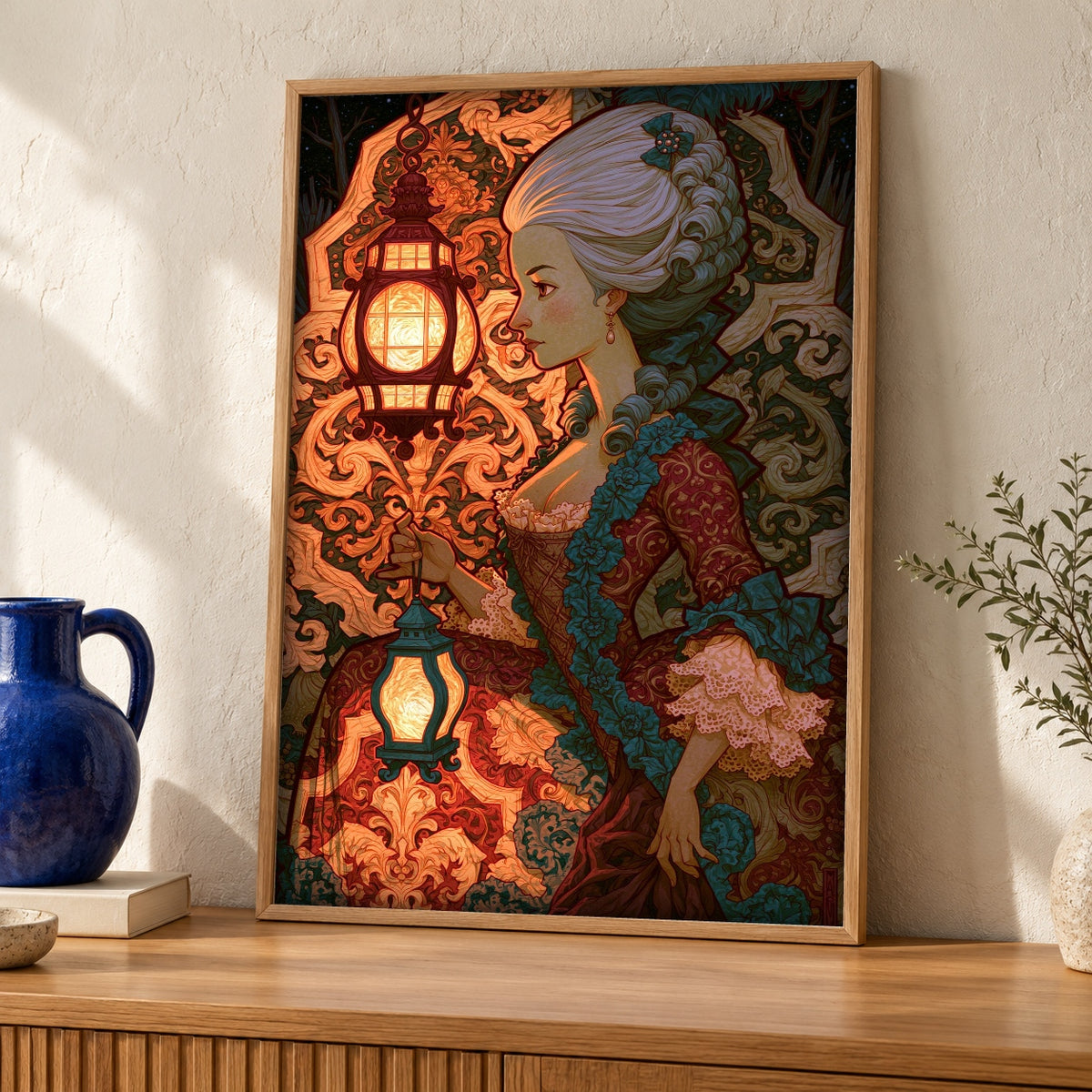 dark academia art, Baroque Noblewoman Portrait, Rococo Lantern Print — oak frame room mockup