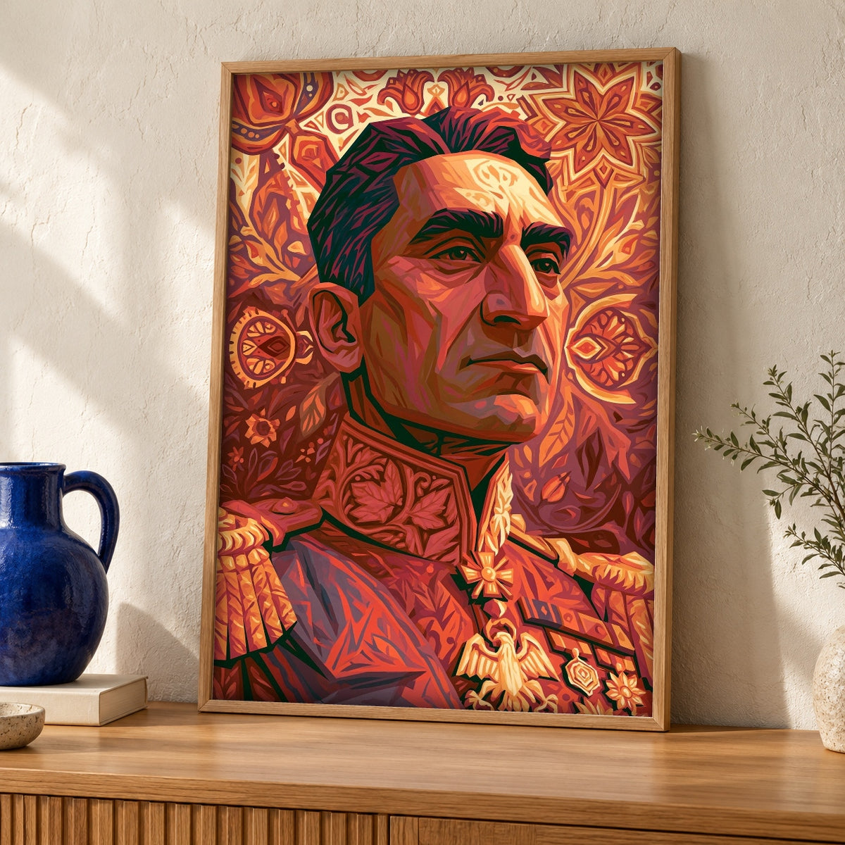 Persian Empire Art, Qajar Shah Portrait Print, Imperial Decor — oak frame room mockup