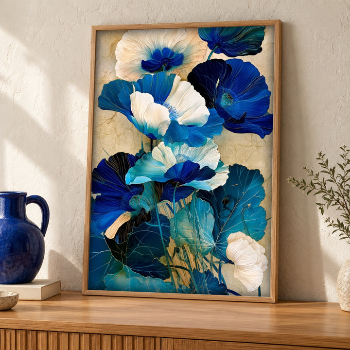 Botanical Art, Blue Poppy Floral Painting, Vintage Wall Decor