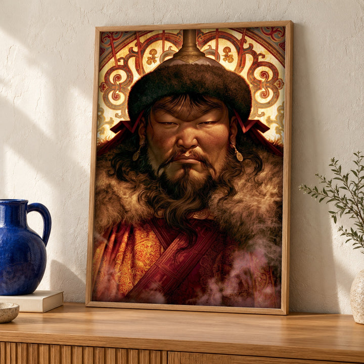 Genghis Khan Art, Mongol Empire Portrait, Medieval Warrior Decor