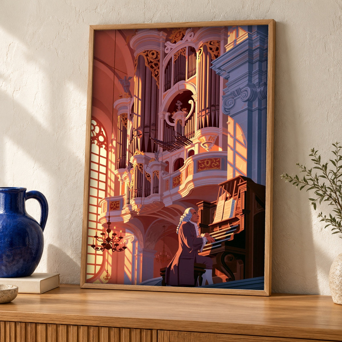 Christian Wall Art, Johann Sebastian Bach Organ Print — oak frame room mockup