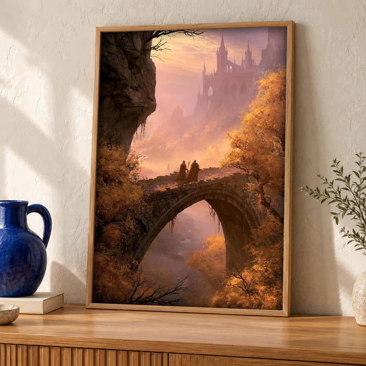 Medieval Wall Art, Dark Fantasy Castle Bridge Print — oak frame room mockup