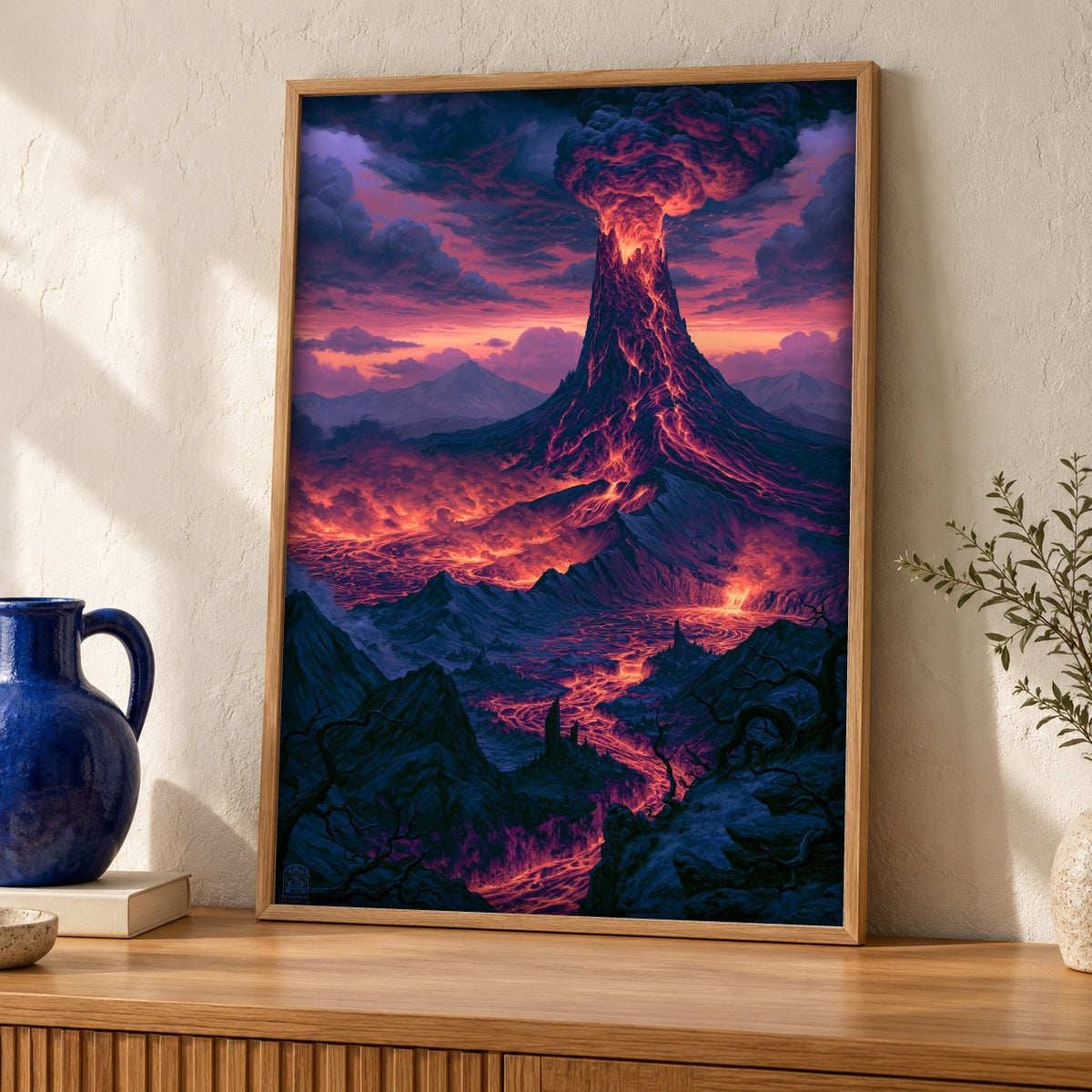 Volcanic Eruption Art, Ancient Catastrophe Lava Print — oak frame room mockup