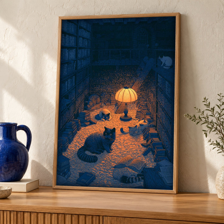 Black Cat Wall Art, Moody Bookshelf Scene, Gothic Decor