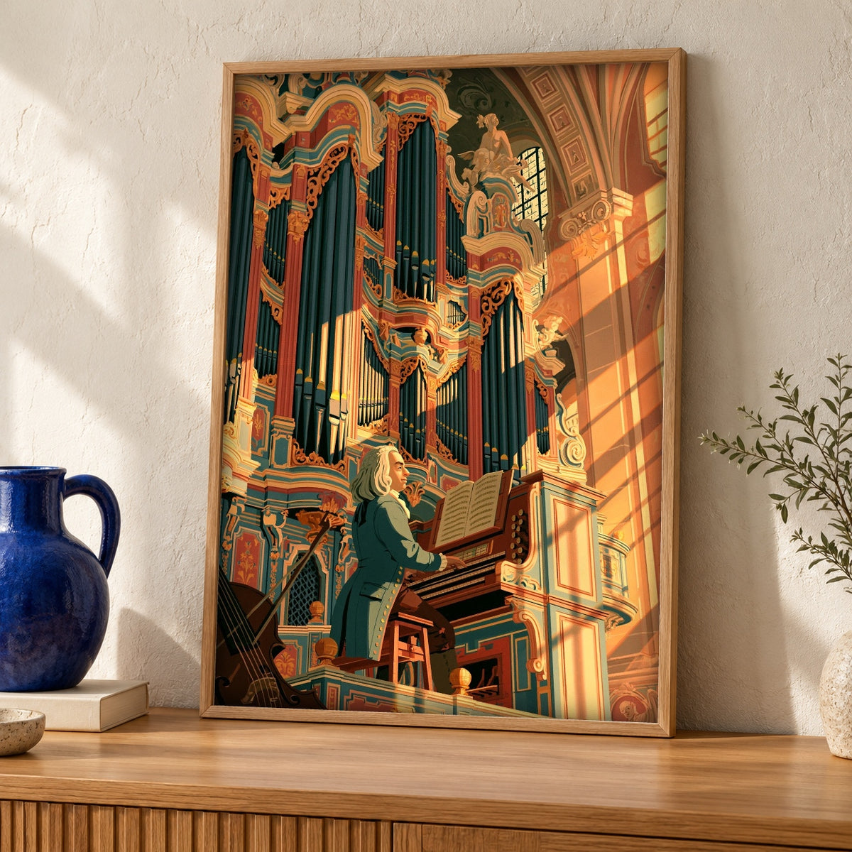 Baroque Church Organ, Sacred Music Print, Christian Decor — oak frame room mockup