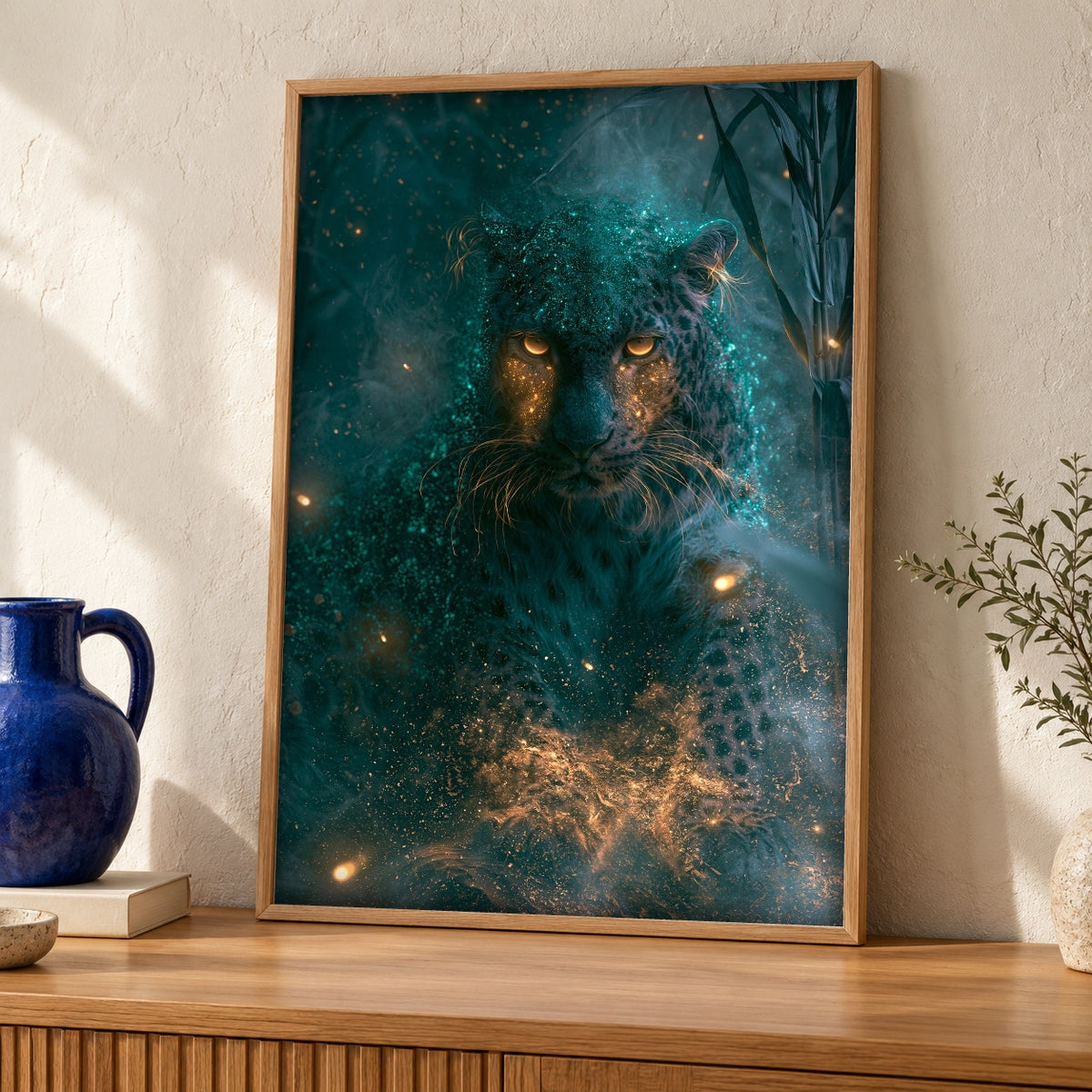Mystical Panther Art, Enchanted Forest Fantasy Print — oak frame room mockup
