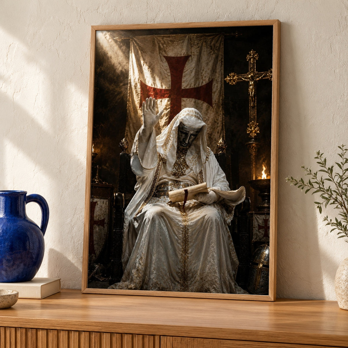 Crusader Knight Art, Knights Templar Grand Master Print — oak frame room mockup